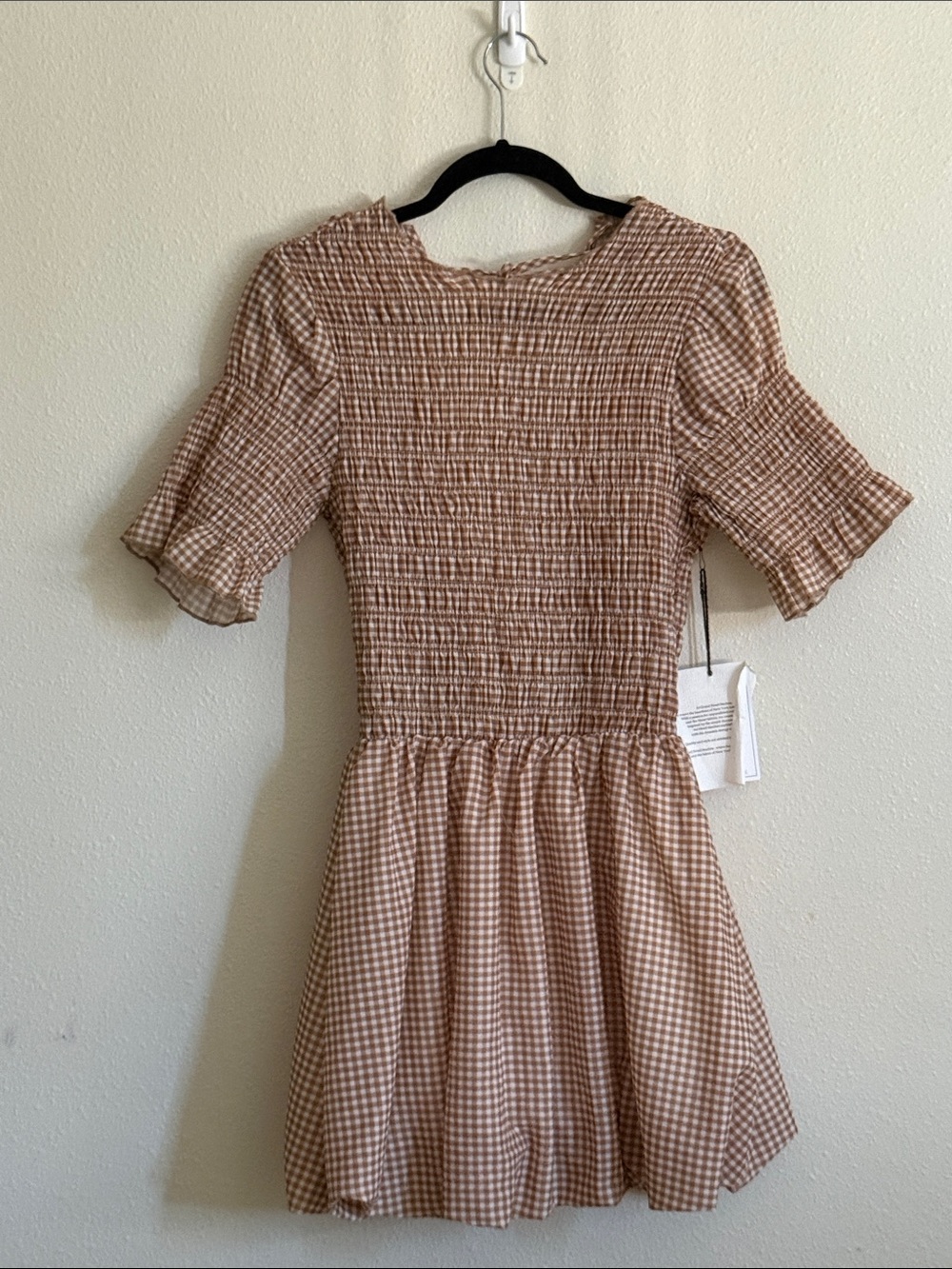 GrandStreet Studios : Gingham Smocked Mini Dress in Brown